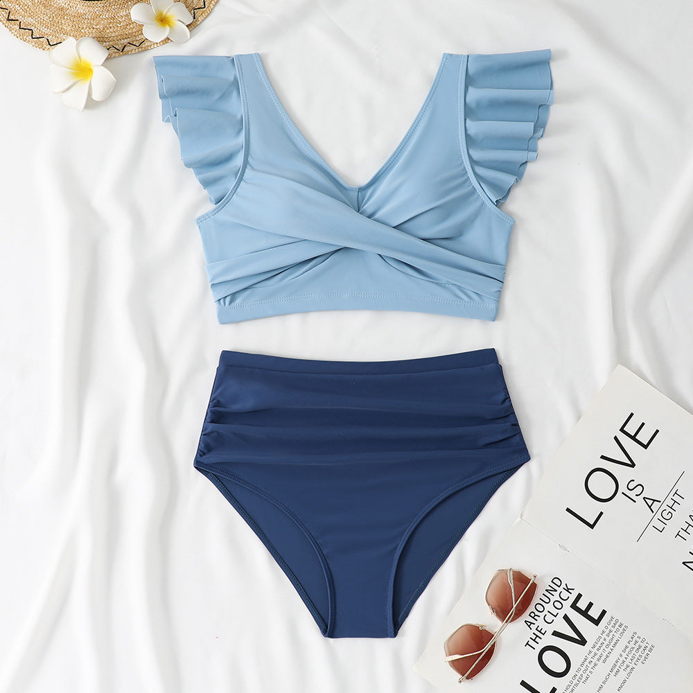 Solid Color Two-Piece High-Waisted Swimwear Conservative Bikini for Women