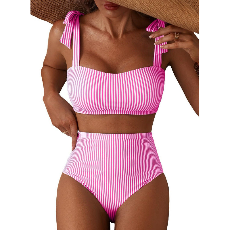 Women's Striped Bikini Set with Tie-Shoulder Design, High-Waisted Two-Piece Swimsuit