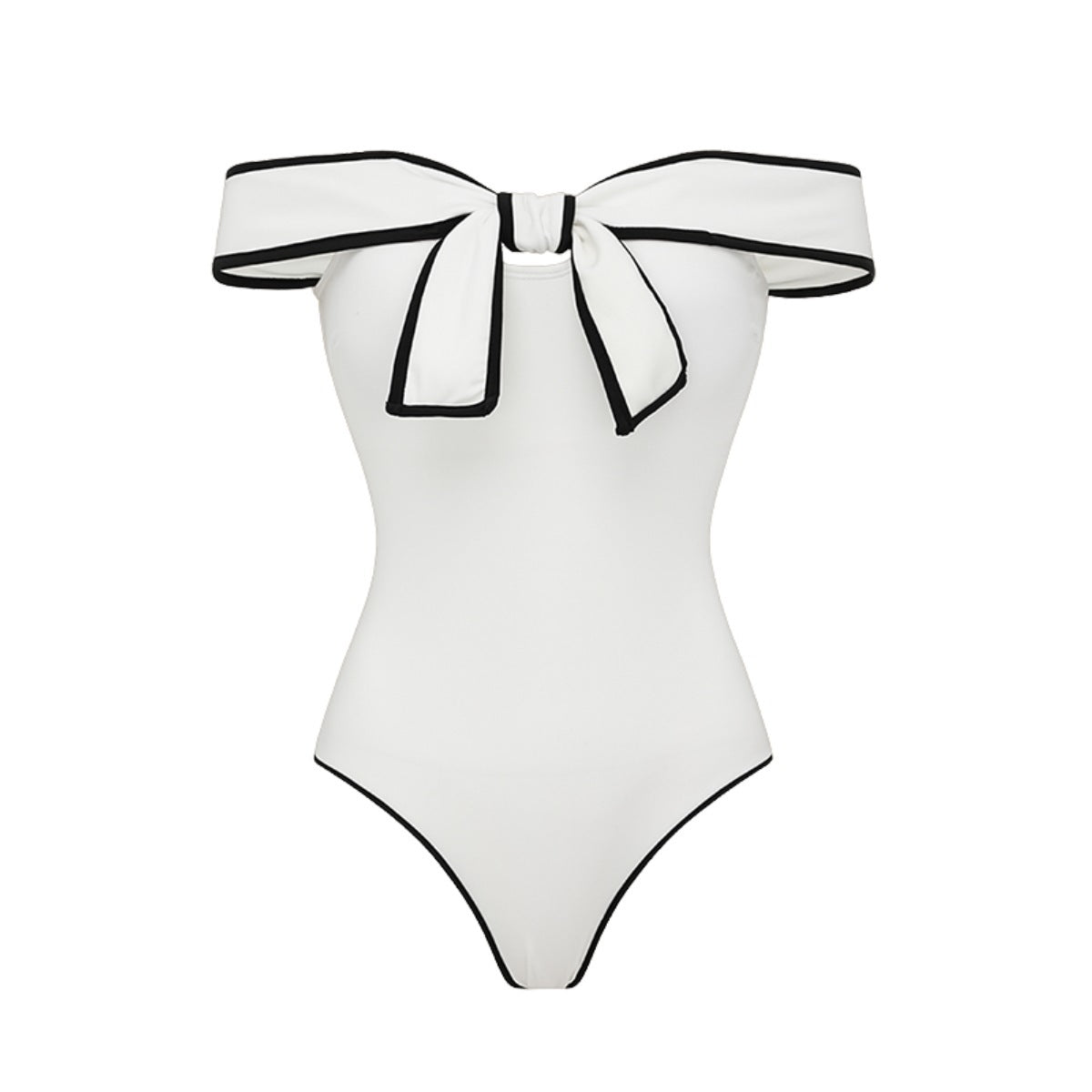 Black and White Bow One-Piece Swimsuit for Women with Short Skirt