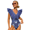 Blue printed European and American high-waisted sexy bikini two-piece set