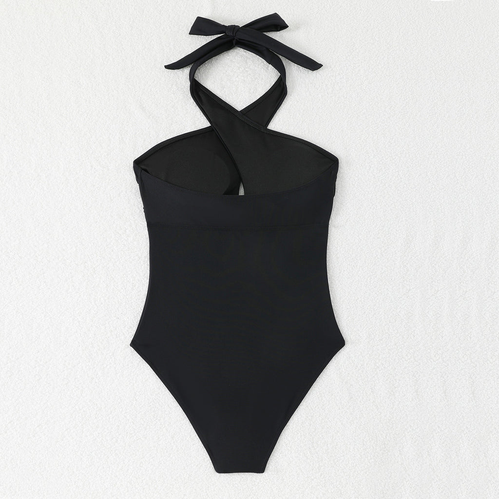 Black one-piece swimsuit with tight cross neck strap and exposed back