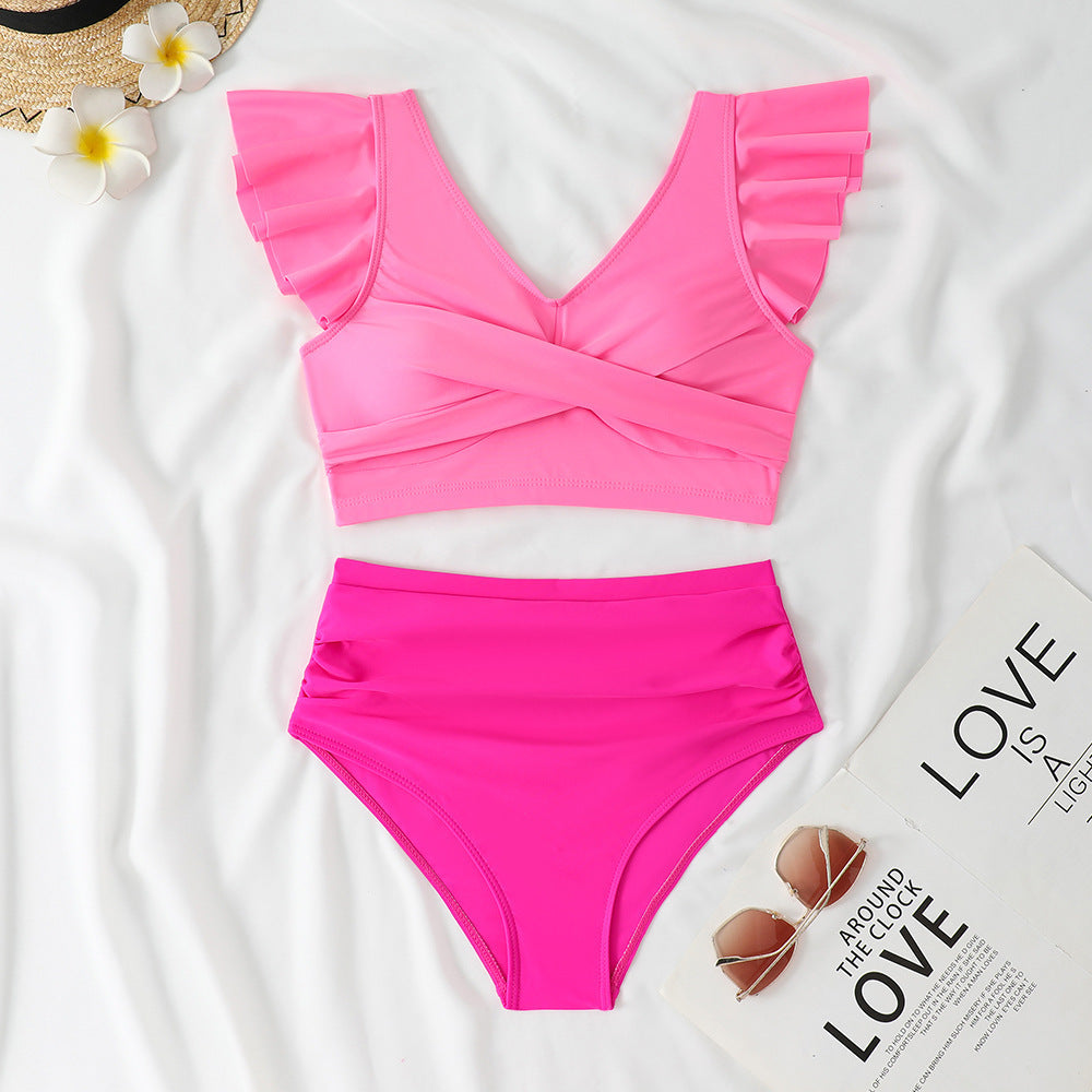 Solid Color Two-Piece High-Waisted Swimwear Conservative Bikini for Women