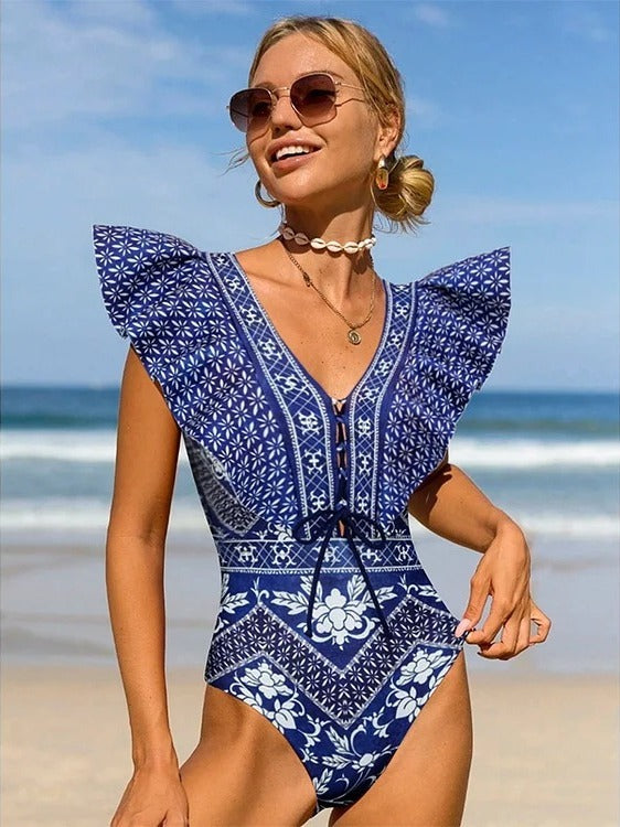 Blue printed European and American high-waisted sexy bikini two-piece set