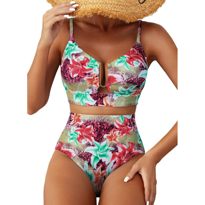 Floral Print High-Waisted U-Line Bikini Set Swimwear for Women