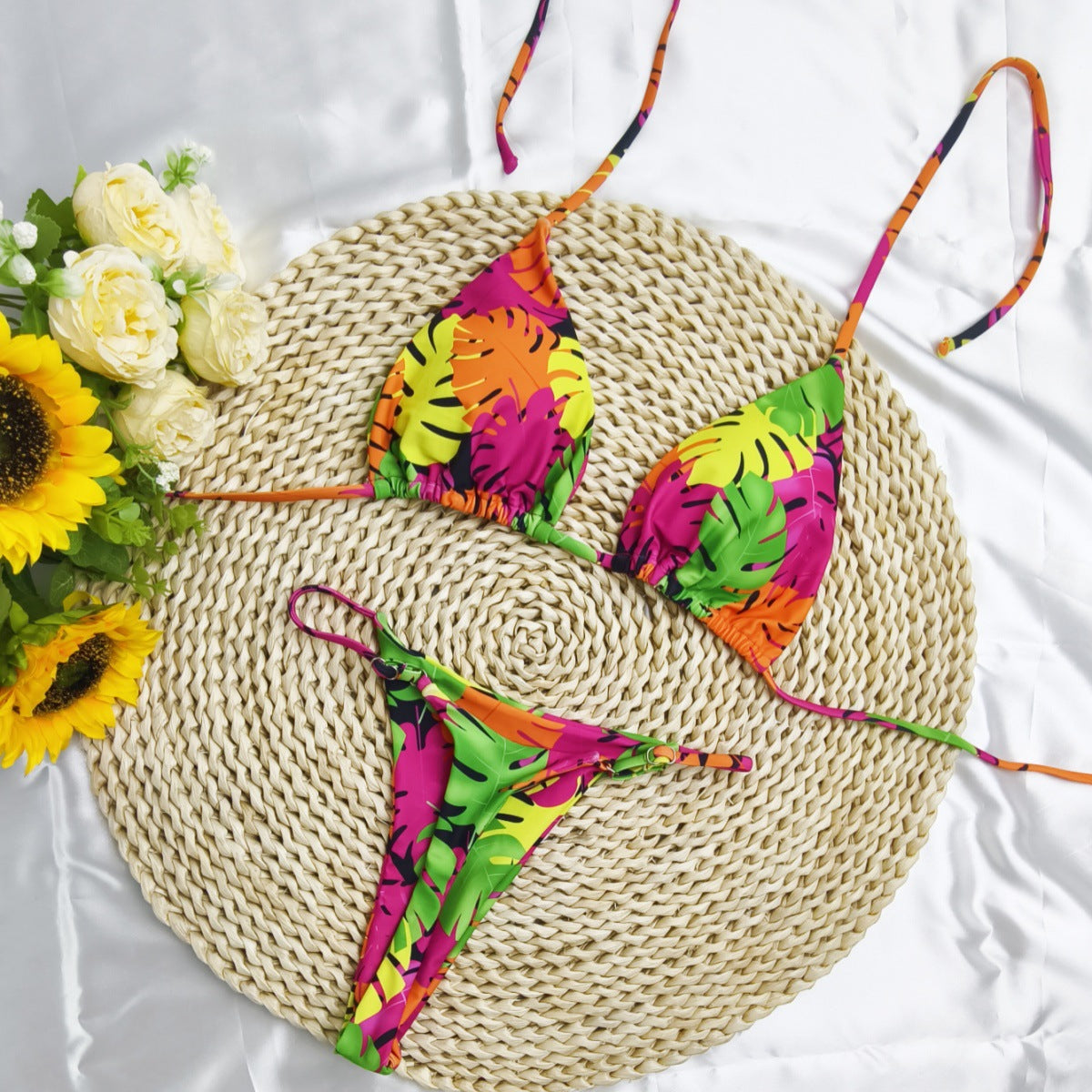 Printed bikini women's neck strap sexy split bikini