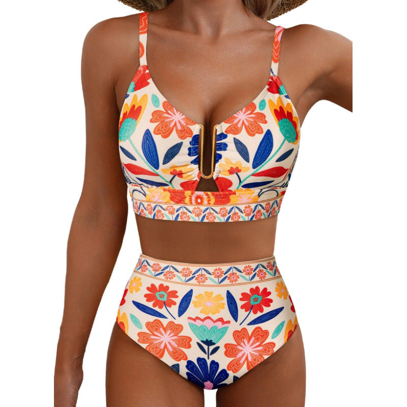 Floral Print High-Waisted U-Line Bikini Set Swimwear for Women