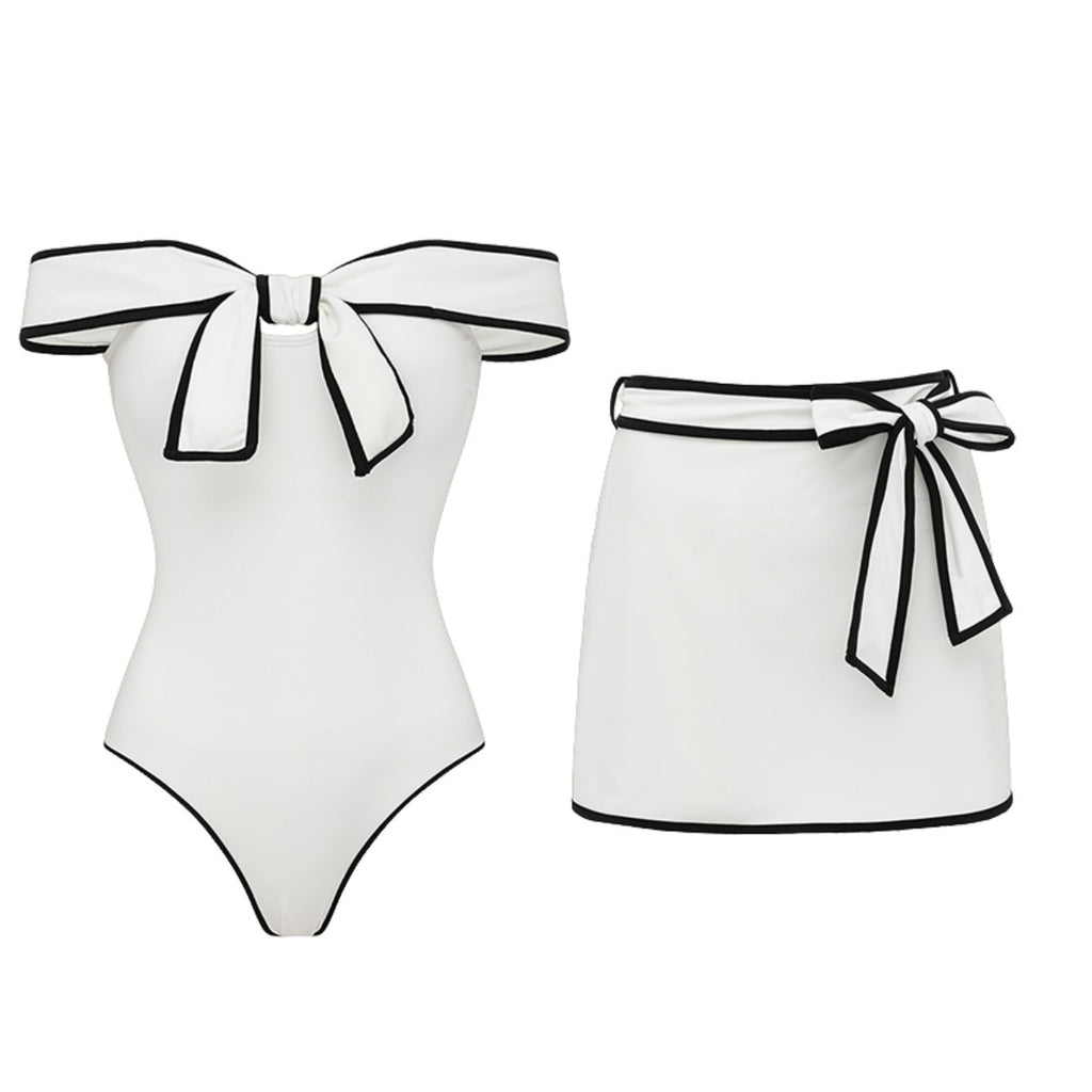 Black and White Bow One-Piece Swimsuit for Women with Short Skirt