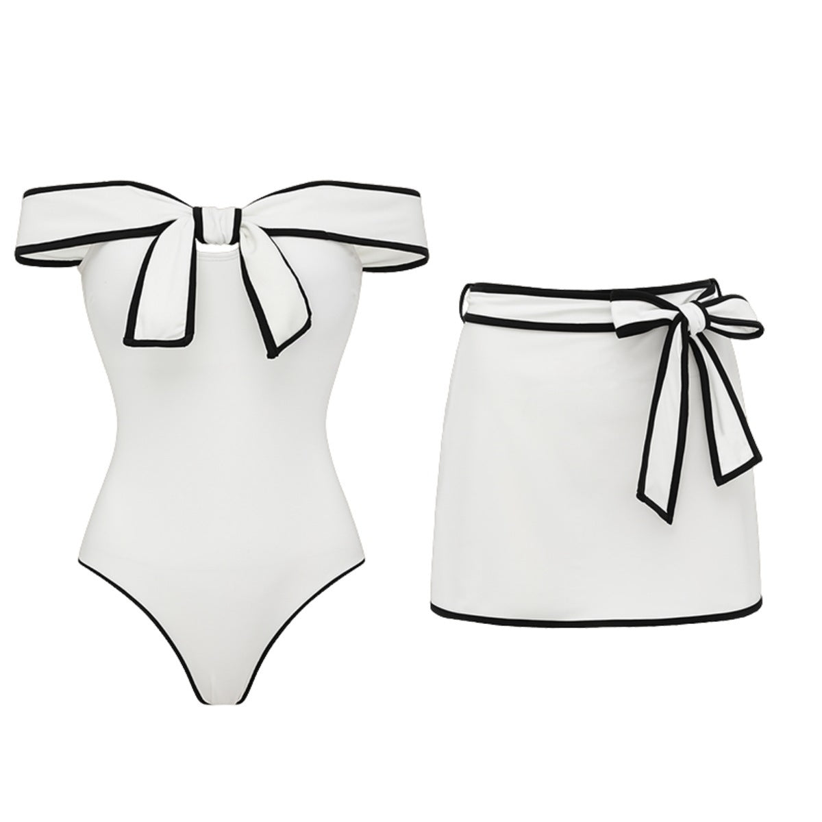 Black and White Bow One-Piece Swimsuit for Women with Short Skirt