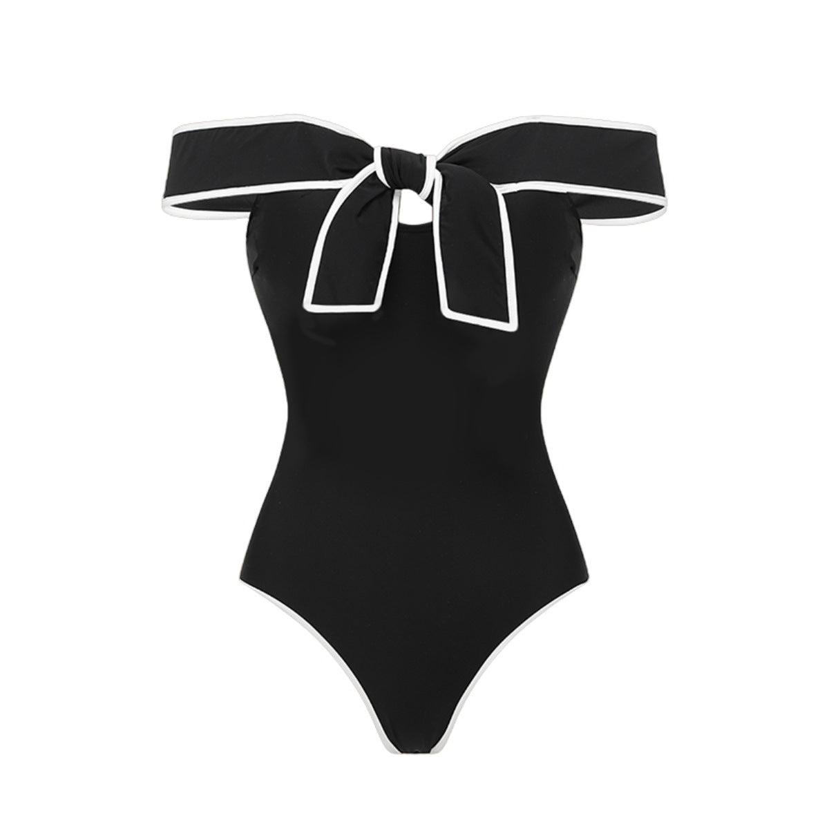 Black and White Bow One-Piece Swimsuit for Women with Short Skirt