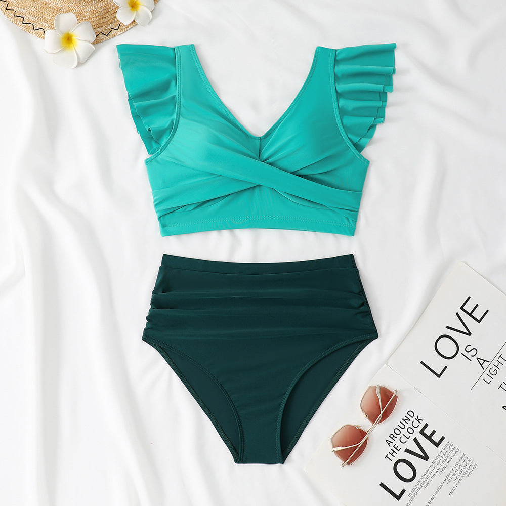 Solid Color Two-Piece High-Waisted Swimwear Conservative Bikini for Women
